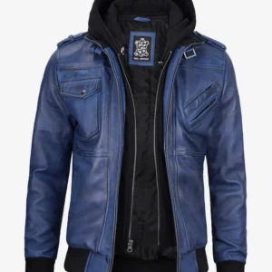 Blue Wax Leather Jacket with Removable Hood – Front View