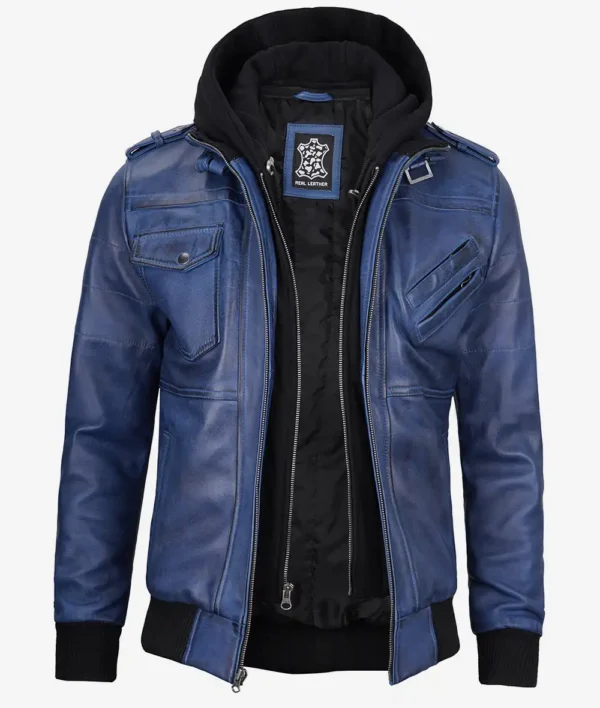 Blue Wax Leather Jacket with Removable Hood – Front View