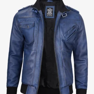 Blue Wax Leather Jacket with Removable Hood – Front View