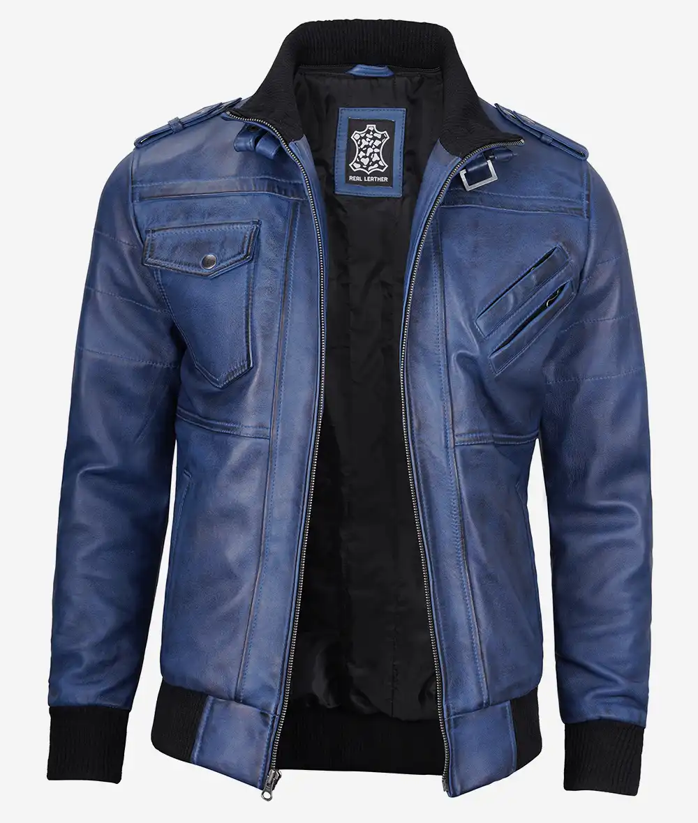 Blue Wax Leather Jacket with Removable Hood – Front View
