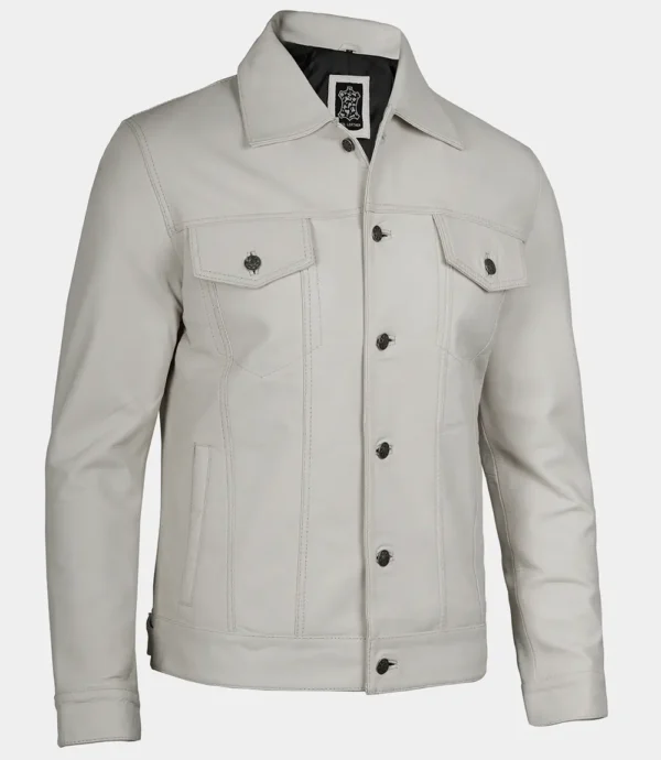 Off White Leather Trucker Jacket – Front View with Button Closure