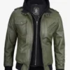 Olive Green Bomber Leather Jacket with Removable Hood – Front View with Zip Closure