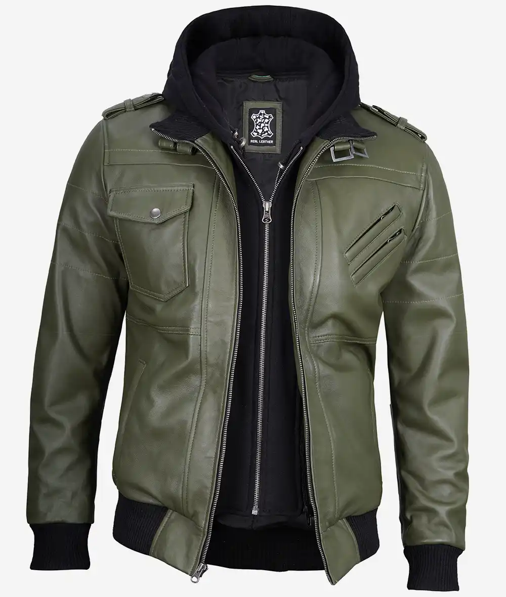 Olive Green Bomber Leather Jacket with Removable Hood – Front View with Zip Closure