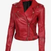 Red Moto Leather Jacket – Front View with Asymmetrical Zipper