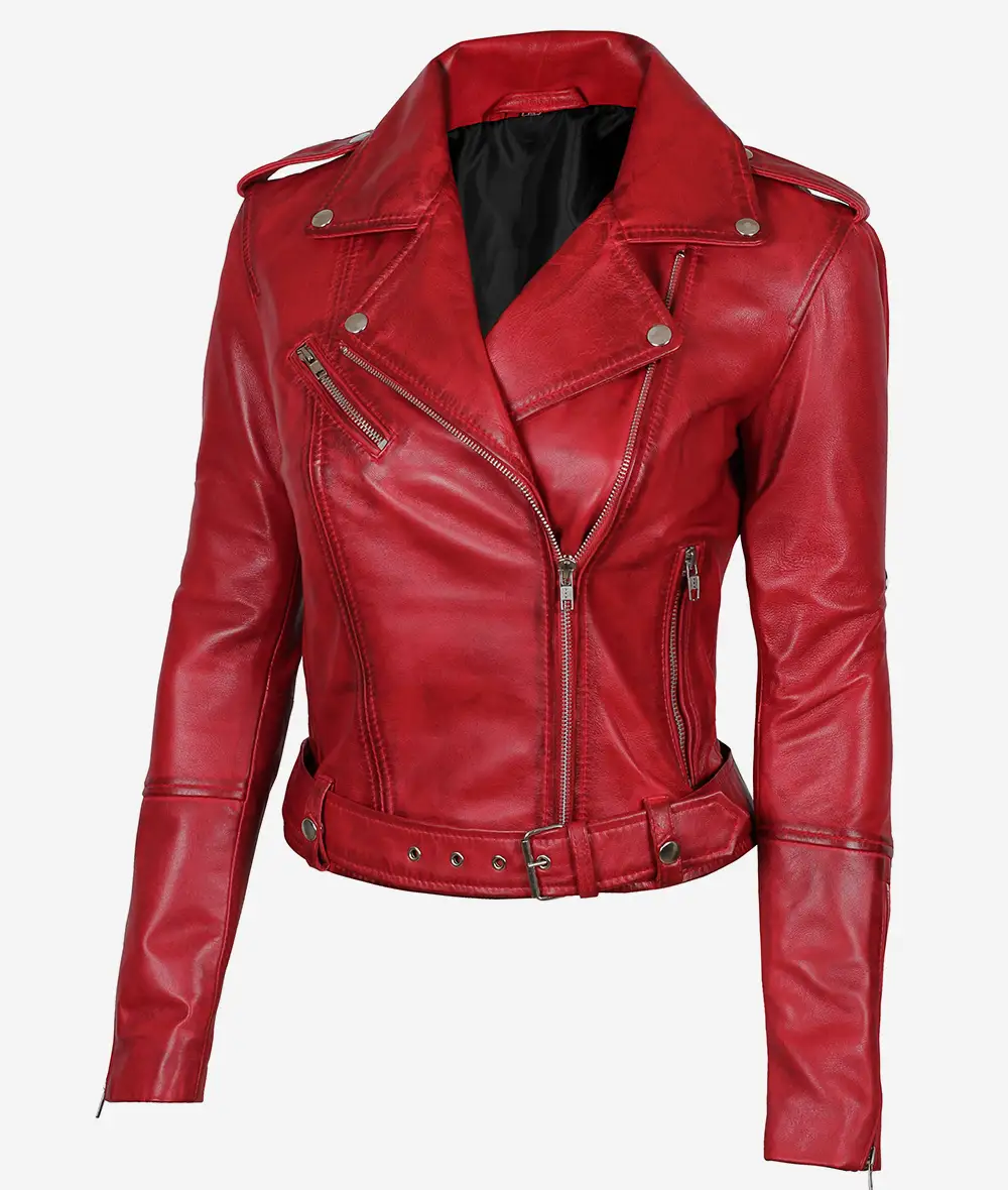 Red Moto Leather Jacket – Front View with Asymmetrical Zipper