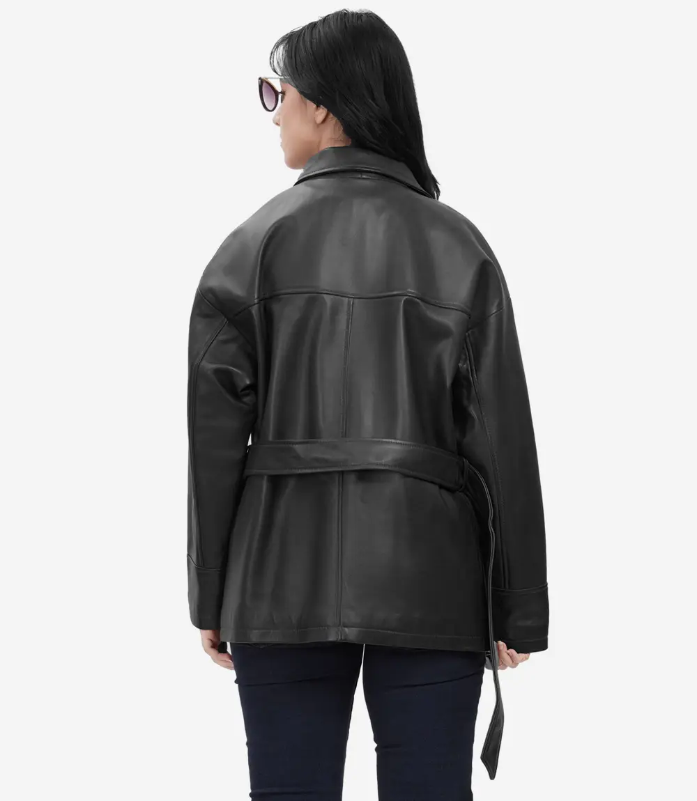 Oversized Leather Jacket with Adjustable Belt and Large Flap Pockets