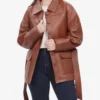 Oversized Leather Jacket with Adjustable Belt and Flap Pockets in Cognac Brown