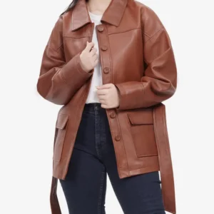 Oversized Leather Jacket with Adjustable Belt and Flap Pockets in Cognac Brown