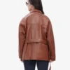 Oversized Leather Jacket with Adjustable Belt and Flap Pockets in Cognac Brown