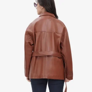Oversized Leather Jacket with Adjustable Belt and Flap Pockets in Cognac Brown
