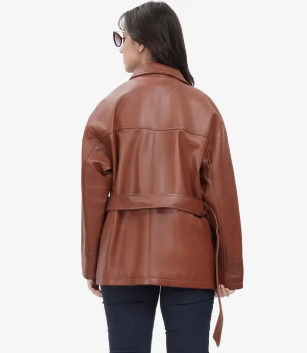 Oversized Leather Jacket with Adjustable Belt and Flap Pockets in Cognac Brown