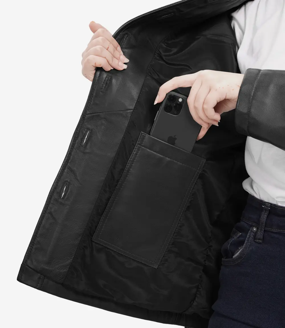 Oversized Leather Jacket with Adjustable Belt and Large Flap Pockets