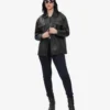 Relaxed Fit of Black Oversized Leather Trucker Jacket with Adjustable Waist