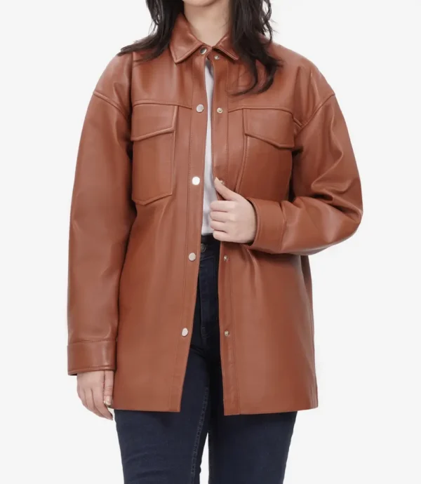 Relaxed Fit of Cognac Brown Oversized Leather Jacket with Full-Length Sleeves