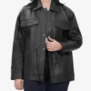 Relaxed Fit of Black Oversized Leather Trucker Jacket with Adjustable Waist