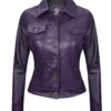 Purple Leather Trucker Jacket – Front View with Button Closure