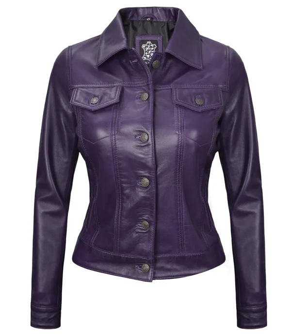 Purple Leather Trucker Jacket – Front View with Button Closure