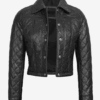 Diamond-Stitched Quilted Pattern on Black Leather Jacket