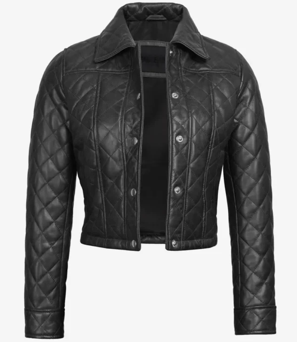 Diamond-Stitched Quilted Pattern on Black Leather Jacket
