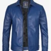 Classic Blue Leather Jacket – Front View with Shirt Collar and Zip Closure