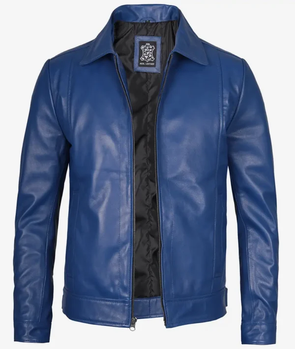 Classic Blue Leather Jacket – Front View with Shirt Collar and Zip Closure