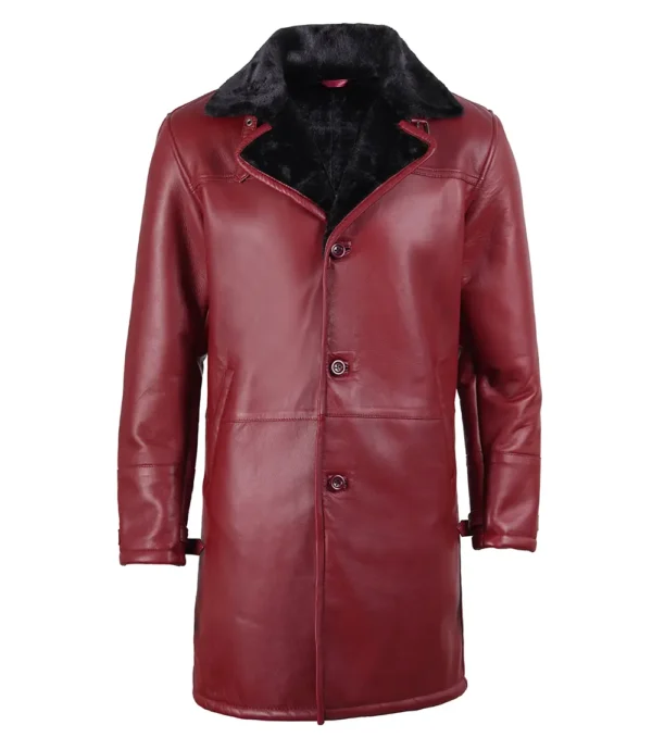 Real lambskin leather winter coat for men in maroon and black