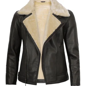 Real Lambskin Leather Jacket with Faux Shearling Collar