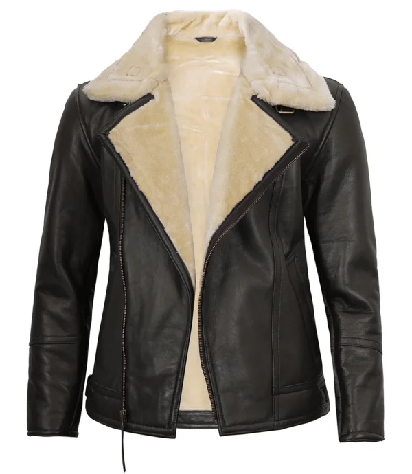 Real Lambskin Leather Jacket with Faux Shearling Collar