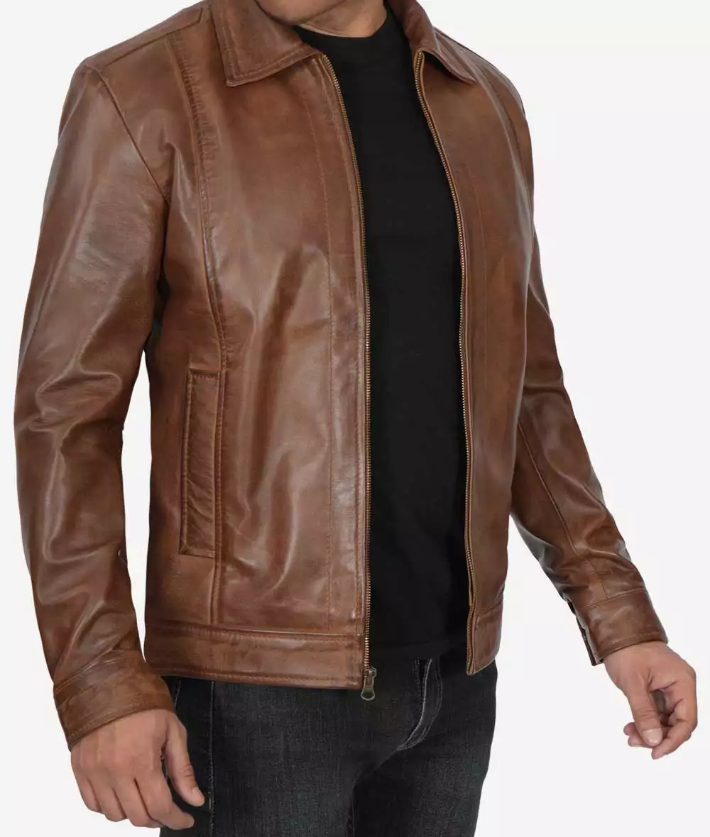 Reeves Men's Chocolate Brown Leather Jacket – Front View with Zip Closure