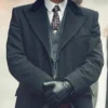 Black Wool Overcoat – Front View with Fur Collar