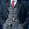Black Wool Overcoat – Front View with Fur Collar
