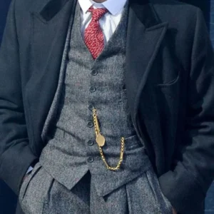 Black Wool Overcoat – Front View with Fur Collar