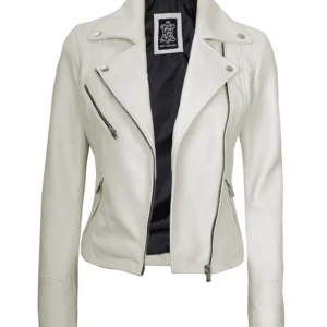Off-White Leather Moto Jacket – Front View with Asymmetrical Zipper