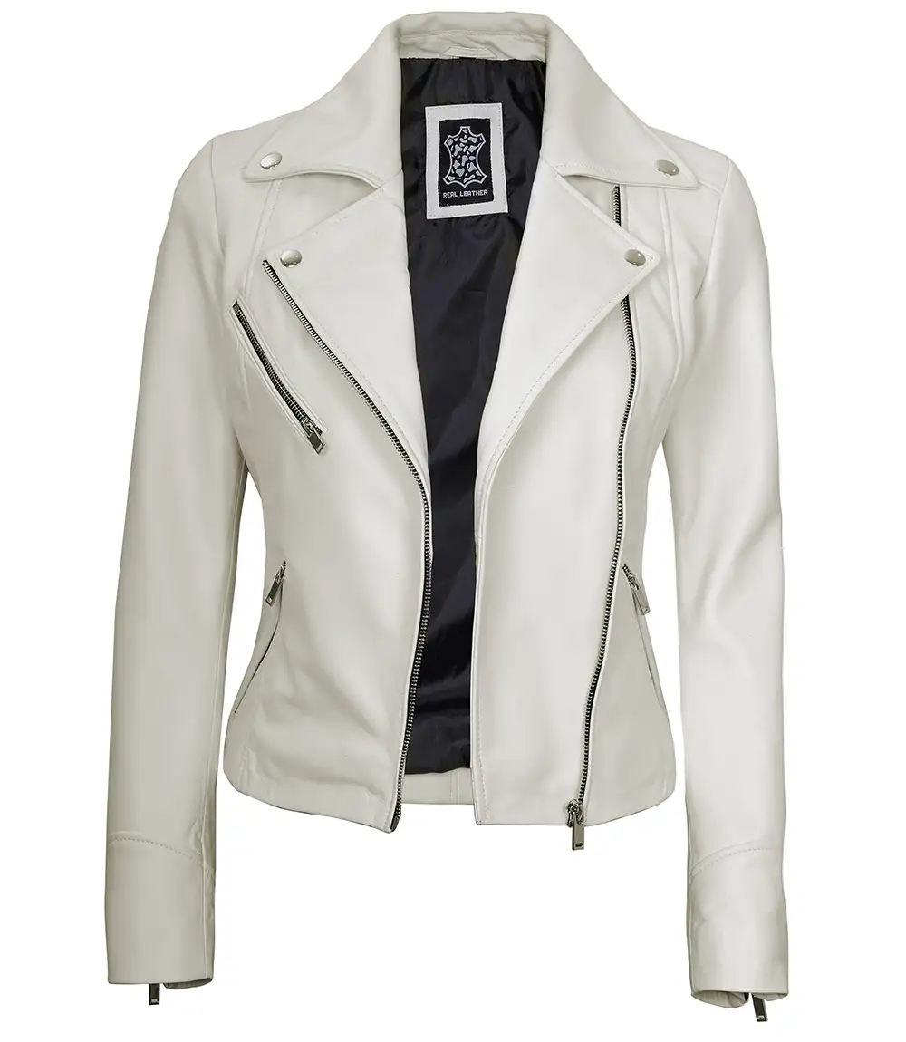 Off-White Leather Moto Jacket – Front View with Asymmetrical Zipper