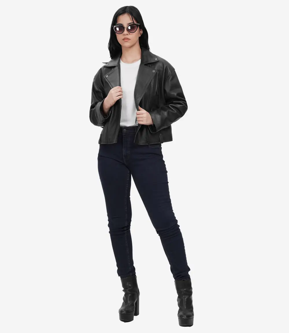 oversized black leather biker jacket with asymmetrical zip