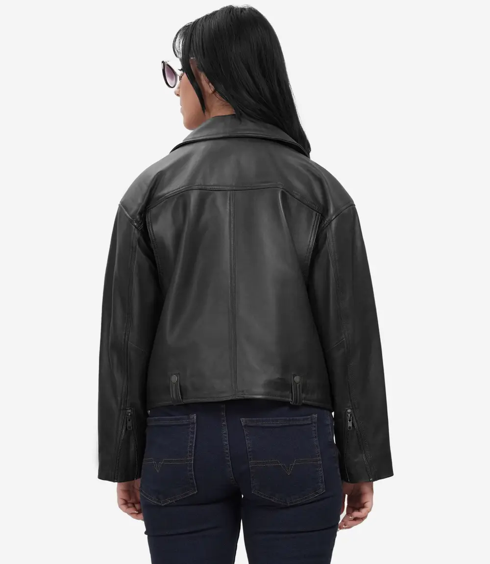 oversized black leather biker jacket with asymmetrical zip