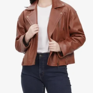 Cognac Brown Oversized Leather Biker Jacket with Epaulets