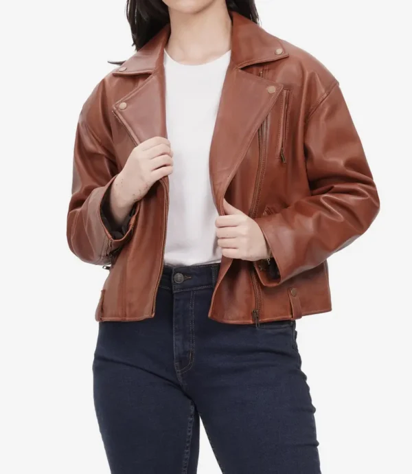 Cognac Brown Oversized Leather Biker Jacket with Epaulets