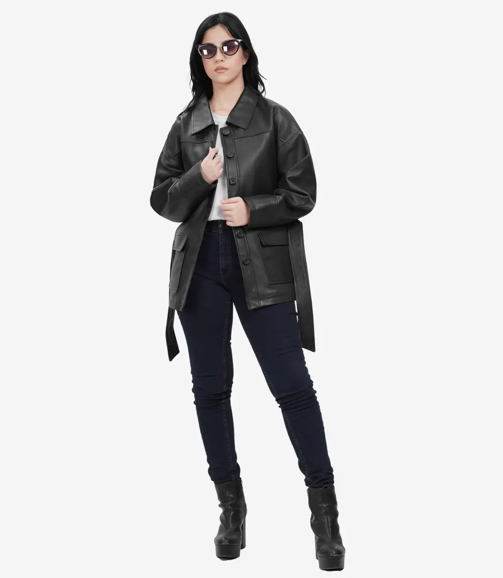 Oversized Leather Jacket with Adjustable Belt and Large Flap Pockets
