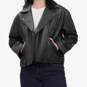 oversized black leather biker jacket with asymmetrical zip