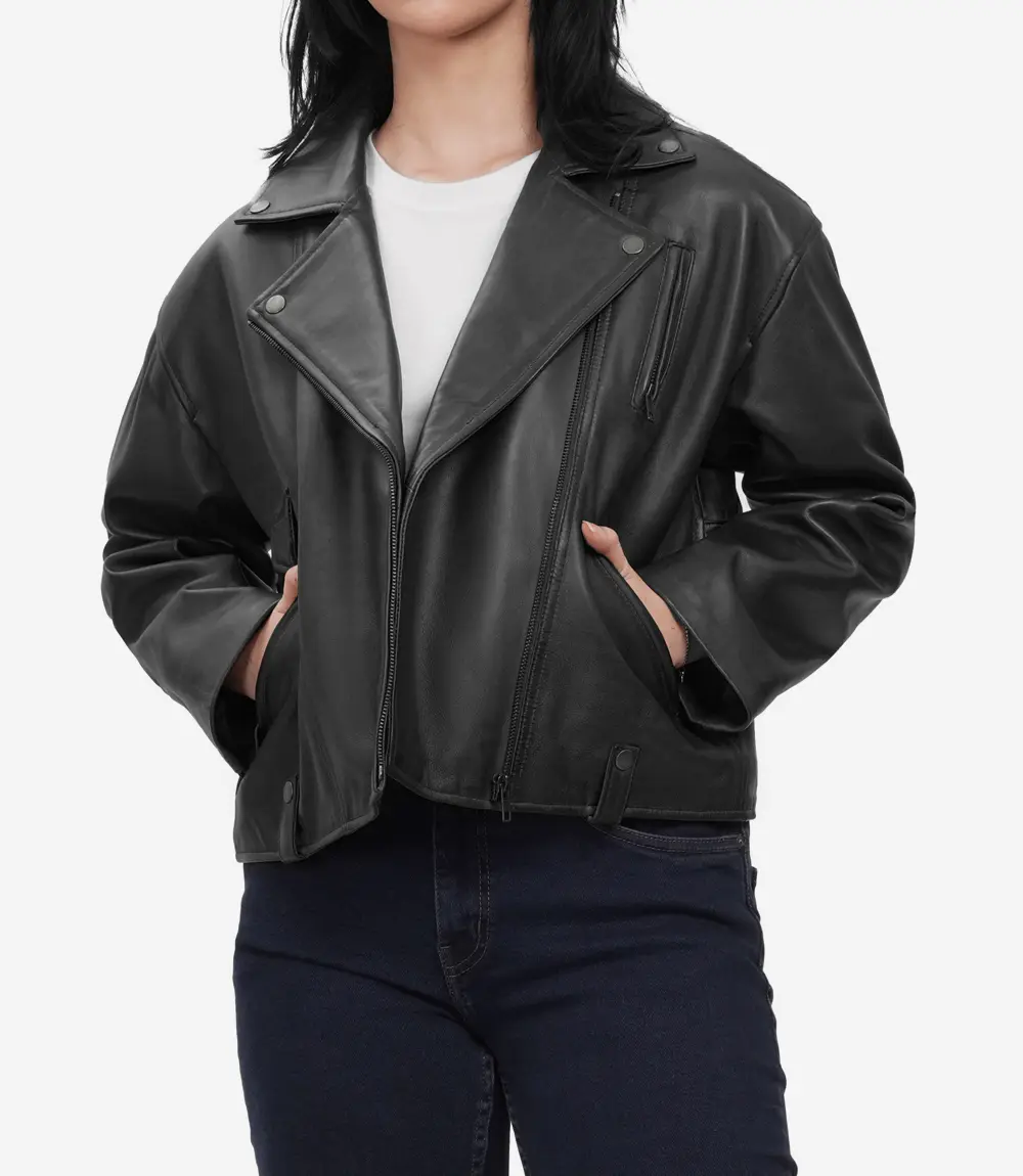 oversized black leather biker jacket with asymmetrical zip