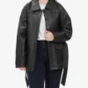 Oversized Leather Jacket with Adjustable Belt and Large Flap Pockets
