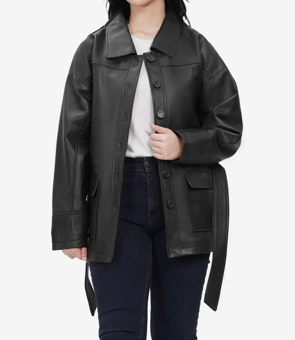 Oversized Leather Jacket with Adjustable Belt and Large Flap Pockets