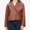 Cognac Brown Oversized Leather Biker Jacket with Epaulets