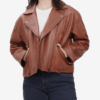 Cognac Brown Oversized Leather Biker Jacket with Epaulets