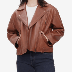 Cognac Brown Oversized Leather Biker Jacket with Epaulets