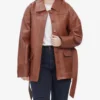 Oversized Leather Jacket with Adjustable Belt and Flap Pockets in Cognac Brown