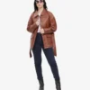 Oversized Leather Jacket with Adjustable Belt and Flap Pockets in Cognac Brown