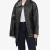 Oversized Leather Jacket with Adjustable Belt and Large Flap Pockets