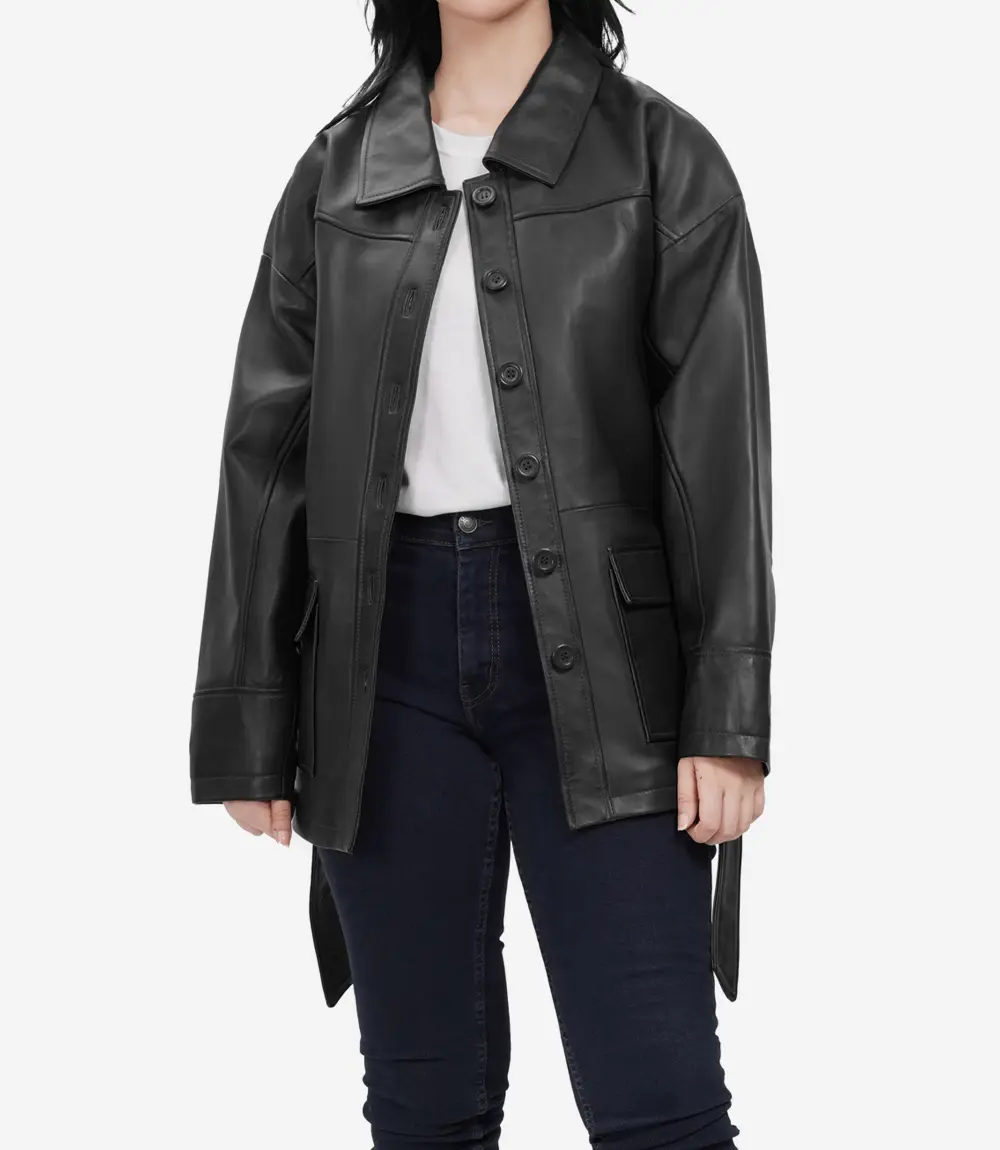 Oversized Leather Jacket with Adjustable Belt and Large Flap Pockets